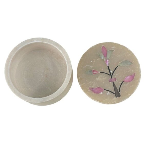 Vintage Marble Lidded Trinket Box w/ Pink Floral Inlay Design Made in India - Picture 2 of 12